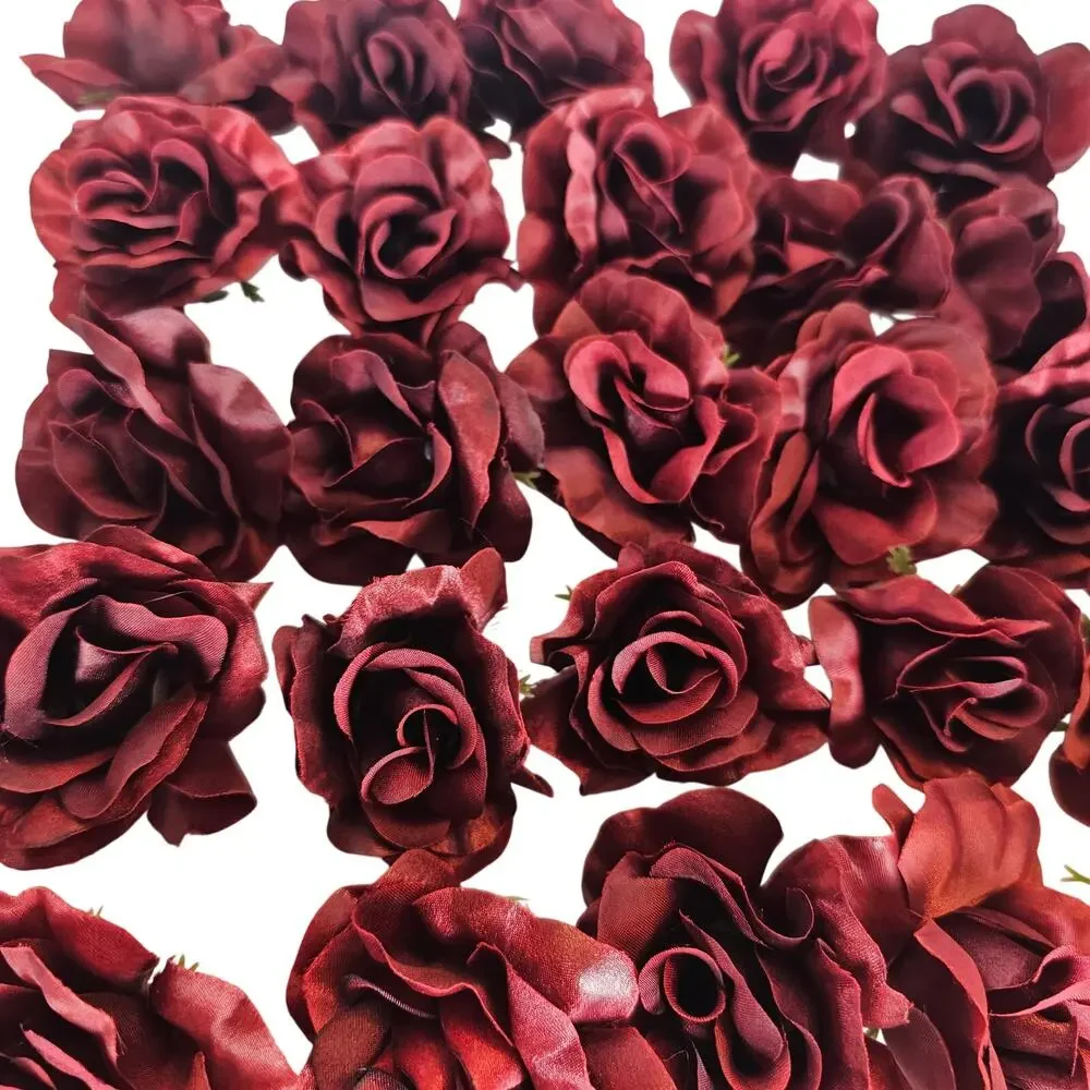 50 Burgundy Red Satin Rose Heads Stemless Wedding Floral Craft DIY 2.5in Flowers
